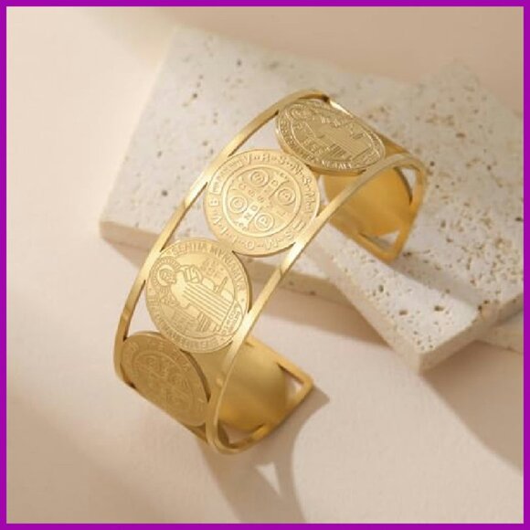 Adjustable St. Benedict Cuff Bracelet Stainless Steel Religious Jewelry - Picture 5 of 8